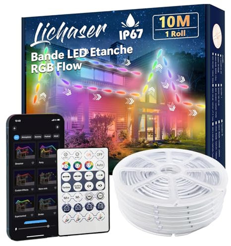Lichaser 10M IP67 RGB+IC Ruban LED Exterieur Etanche DIY, Suivi, Segmentation de Bandes LED avec Application BT et Télécommande RF pour une Utilisation en Extérieur