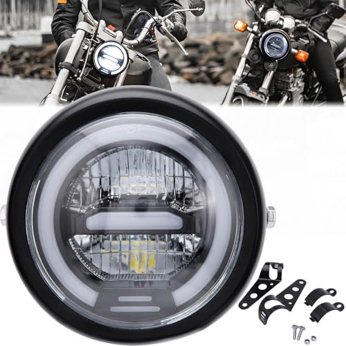 DREAMIZER 6.5'' LED Motorrad Runder Scheinwerfer Weißes Halo Lauflicht mit Halterung Universal Kompatibel für Harley Honda Yamaha Suzuki Cruiser Bobber Chopper Cafe Racer