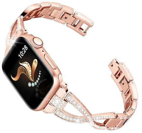 Ocaer Compatible with Apple Watch Straps 42mm 41mm 40mm 38mm, Bling Metal Bracelet Strap for iWatch Series 11 10 9 8 7 6 5 4 SE 3 2 1, Thin Sparkly Jewellery iWatch Band for Women Ladies(Rose Gold)