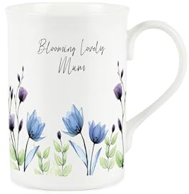 Purely Home Blooming Lovely Mum Mug - Blue & Purple Floral Tea/Coffee Bone China Cup Gifts for Mothers Day