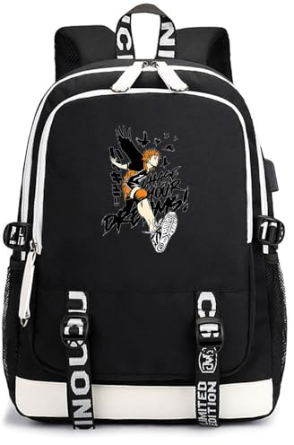 Huacaiyu Unisex Anime Haikyuu Rucksack Cartoon Cosplay Hinata Shoyo/Tobio Kageyama/Kozume Kenma Rucksack Schulrucksack Studenten Laptop Schultasche Schwarz