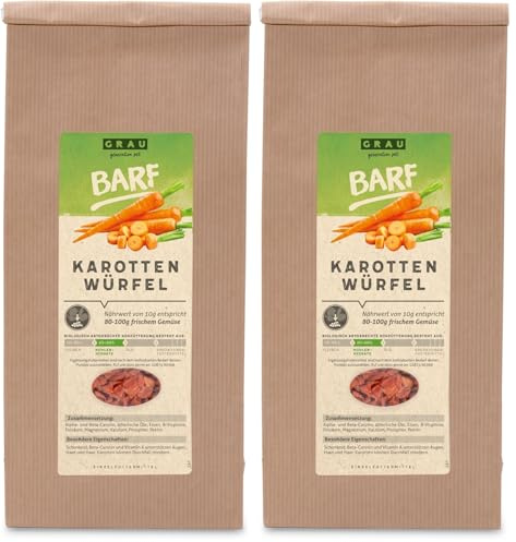 GRAU – Trockengemüse zum BARFen für Hunde - Karotten-Würfel, 2er Pack (500 g), Ergänzungsfuttermittel für Hunde