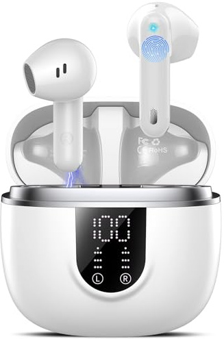 Bluetooth Kopfhörer, Kopfhörer Kabellos Bluetooth 5.4, Hi-Fi Sound in-Ear-Kopfhörer mit ENC Noise Cancelling, 45 Std Spielzeit, LED Anzeige, IP7 Wasserdicht Ohrhörer für Arbeit und Studium, Weiß