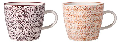 Bloomingville Tassen mit Henkel Isabella Retro Kaffeetasse Teetasse Vintage dickwandige ø 9,5 x H 8 cm, lila orange, Keramik, 2er Set, fasst ca. 280 ml
