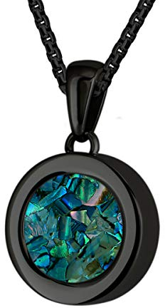 Quiges Schwarze Anhänger Edelstahl 12mm Mini Coin Halter und Graue Kieselstein Muschel Coin mit Kette 42 + 4cm Verlängerungskette