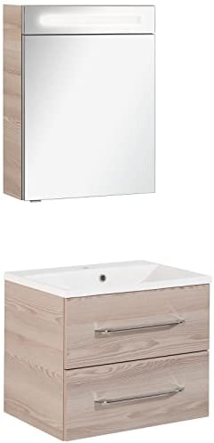 FACKELMANN Badmöbel Set B.Clever 2-TLG. 60 cm esche mit Waschtisch Unterschrank inkl. Gussmarmorbecken & LED Spiegelschrank