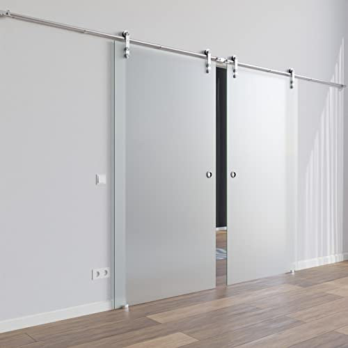 BS-775DA-DPL: Schiebetürsystem doppelflügelig ESG 2x775x2050x8mm Dekor S, vollsatiniert; Edelstahl Rollensystem SoftStop; Griffmuschel