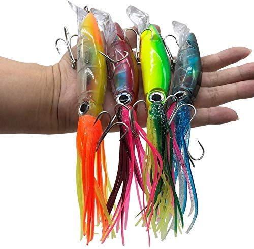 Damidel 4Pcs Large Simulation Squid Fishing Lures Bait Kit,3D Holographic Eyes,Built-in Multicolored Lead Blocks Through Heavy Duty ,Stable and Tempting.