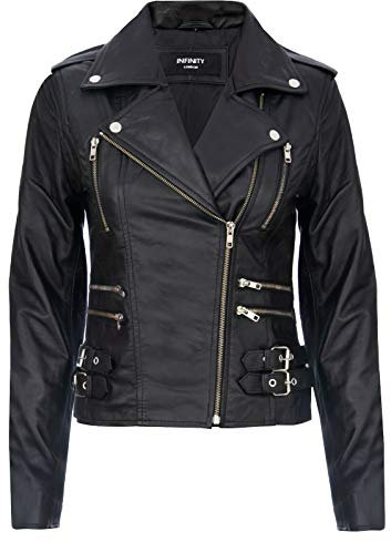 Infinity Leather Damen Retro Schwarz 100% Nappaleder Bikerjacke XS