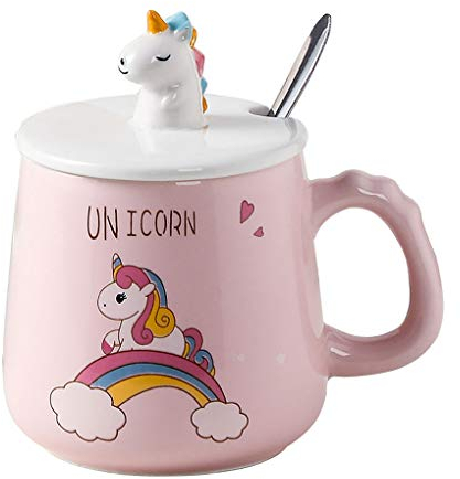 XinHuiGY Cute Unicorn Ceramic Mug, Coffee Cup with Lovely 3D Unicorn Lid, Stainless Steel Spoon, Novelty Cartoon Morning Cup, Tea, Milk, Christmas Mug for Girls, Children, Office
