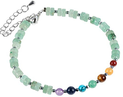 Nupuyai 4mm 7 Chakren Perlen Armband Fußkettchen Bunt Heilende Grüner Aventurin Freundschaftsarmband Verstellbare Yoga Armketten für Paare Schutz Schmuck Damen