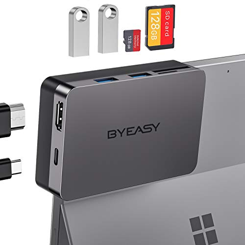 BYEASY Surface Pro 7 Docking Station, USB C Hub 6IN2 mit 4K@30Hz HDMI, 60W USB-C PD Aufladung, SD/TF Kartenleser, 2xUSB 3.0 Ports, Aluminium Biegewinkeles Multiport Nur für Microsoft Surface Pro 7.