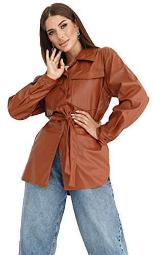Selente #Fashionista Giacca/Camicia Donna in Similpelle/Jeans, MOD. 3 Marrone Cintura, L