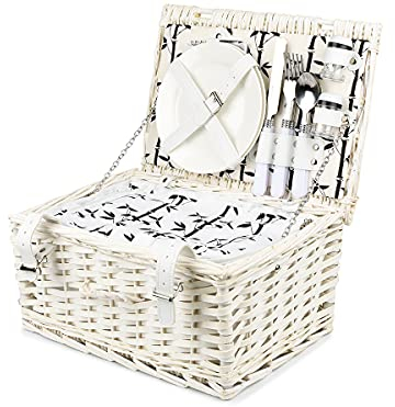 Picknick-Tasche Set für 2 Personen mit Kühlfach - Picknickkorb Inklusive Bestecksets, Kühlfach, Korkenzieher, Weingläser und Keramikteller - 35 x 18 x 25 cm Camping Outdoor Korb Picknickkoffer