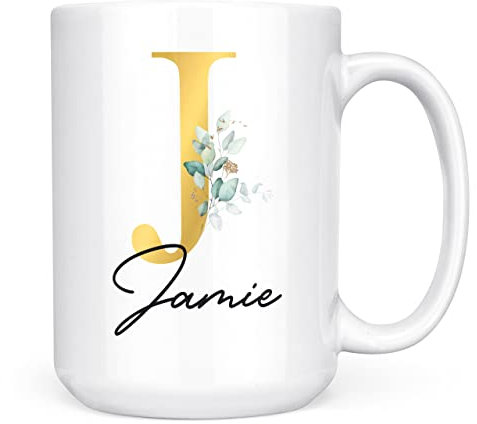 Personalised Letter J Floral Mug Initial with Name, Customised Gift, Gold Effect Printed Letter, NOT Metallic - Ceramic Coffee Cup for Men or Women, Extra Large and Giant Mug, 15oz White Cup