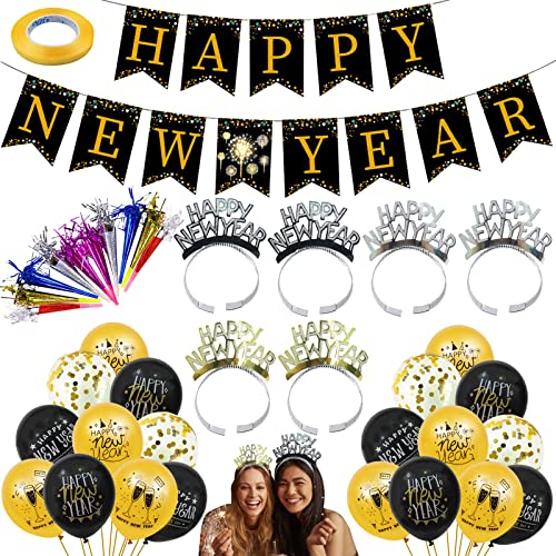 Silvester Deko 2025, 38 PCS Happy New Year Deko 2025 Deko Silvester Party 2025,Silvester Luftballons Happy New Year Decoration Girlande Geburtstagsdeko Silvesterpartydeko Accessoire für Silvesterparty