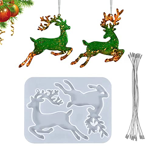 SwirlColor Molde de Silicona para Resina Navidad, Alce Colgante de Resina de Navidad con 10 Ataduras de Alambre de Plata para la Decoración del Árbol de Navidad Llavero Regalo
