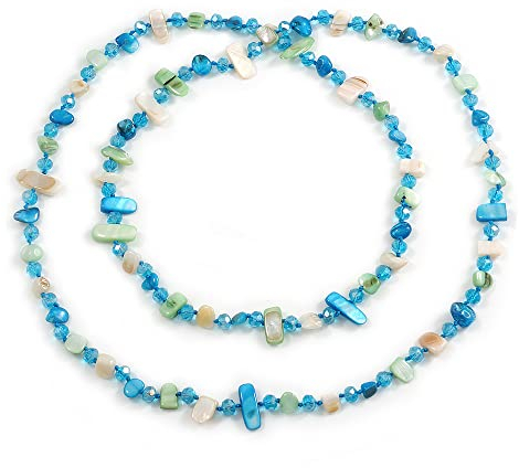 Avalaya Sky Blue/Off White/Selery Green Shell Nugget and Light Blue Glass Bead Long Necklace/120cm Long