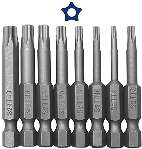 Juego de 8 puntas de destornillador Torx de 5 puntos, cabeza de seguridad Torx magnética de 1/4 pulgadas, T8 T10 T15 T20 T25 T27 T30 T40, S2