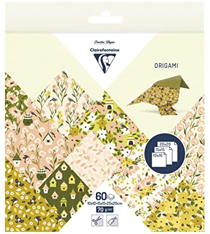 Clairefontaine 95378C - Packung Origami Papier mit 60 Blatt in 3 Formaten ( 10x10cm - 15x15cm - 20x20cm) 70g, Frühling, 1 Pack