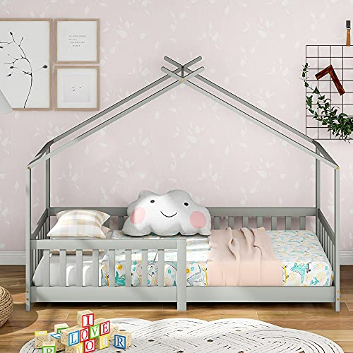 radelldar Kinderbett 90x200 mit Rausfallschutz Hausbett mit Lattenrost für Jungen & Mädchen Kinder Haus Bett aus Kiefer Holz Jugendbett Grau (Ohne Matratze)