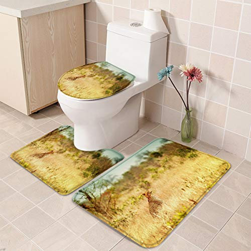 Set 3 Teilig Badvorleger Leopard Afrikanisches Tier Der Wild Lebenden Tiere Wasserabsorbierend Bade-Matte+Kontur+Wc-Deckelabdeckung Weiche Badgarnitur Badematten Für Wohnzimmer Wc-Sitz Bezug