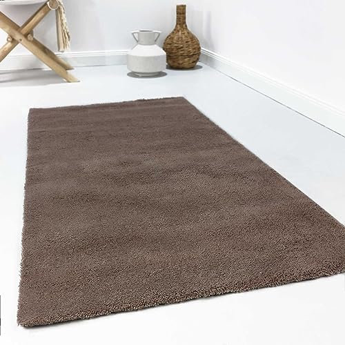 Wecon Home Esprit Schurwollteppich Hochflor modern, kuschelig, für Wohnzimmer, Schlafzimmer oder Arbeitszimmer – Greenwood Rug (70 x 140 cm, Taupe)