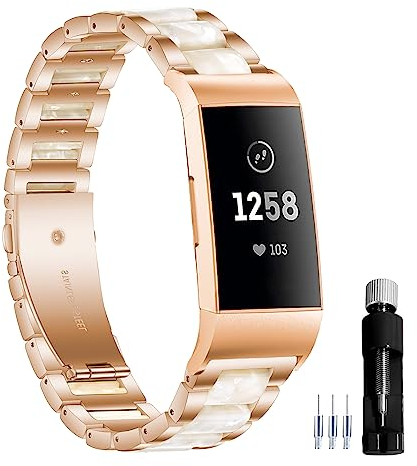 Gheper Harz Edelstahl Uhrenarmband Quick Easy Fit Kompatibel mit Fitbit Charge 4/Charge 3/SE Smartwatch Armband Ersatz Metall Armband für Frauen Männer