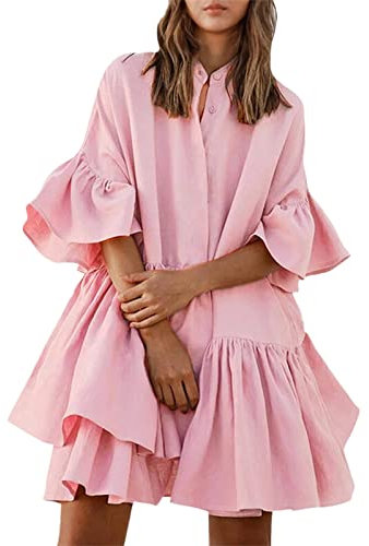 AMDOLE Abito prendisole a collo alto da donna con elastico in vita elastica a strati increspato strato floreale palloncino manica lunga scollo a V abito da lavoro per donna ufficio, rosa, XL