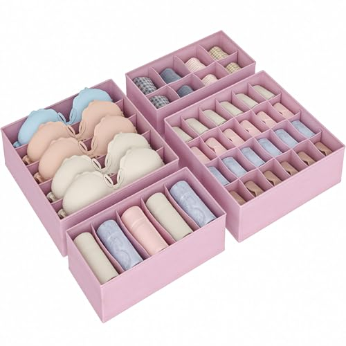 Set di 4 Divisore per Cassetti, Organizzatore per Guardaroba, Organizzatori per Biancheria Intima in Cassetto e Armadio,per Calze, Reggiseni Cravatta, con Divisore, Rosa