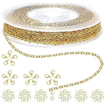 ZKGYUS 1 Rotoli 10m Catenine per Collane, Catena in Acciaio Inossidabile, Collane Fai da Te con 50 Anelli di Salto e 20 Chiusure di Aragosta per Accessori di Gioielli Fai da Te (Oro)