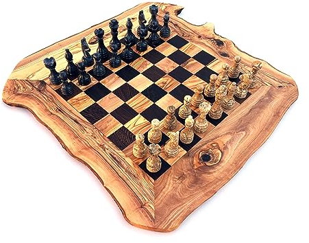 Scacchiera rustica misura a scelta L/XL con 32 personaggi di scacchi in marmo fatto a mano in legno d'ulivo wengé (XL)