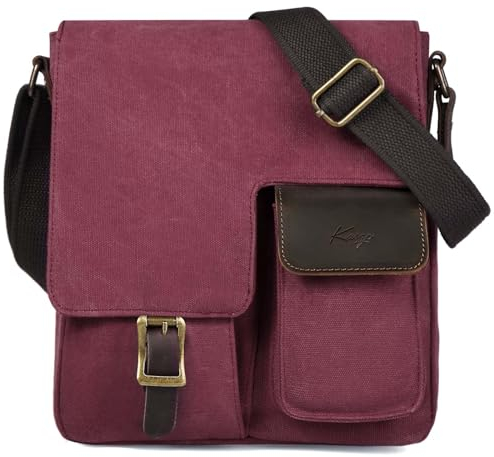 Kasgo Kleine Umhängetasche, Wasserabweisend Vintage Segeltuch Herrentasche Schultertasche Klassische Kuriertasche Herren Damen Crossbody für Arbeit Schule Reisen Burgund