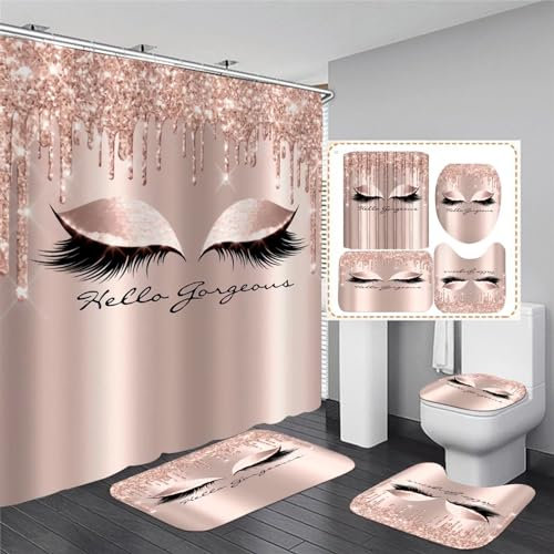 AZHM 4PCS Pretty Eyelash Shower Curtain Set Hello Gorgeous Bathroom Decor Set Pink Rose Gold Bathroom Curtains Shower Set with Shower Curtain and Rugs and Accessories