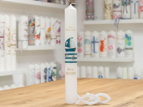 meinkerzenshop Kommunionkerze Benne personalisiert mit Name und Datum, individuell und mit Echtwachs handverziert für Junge und Mädchen