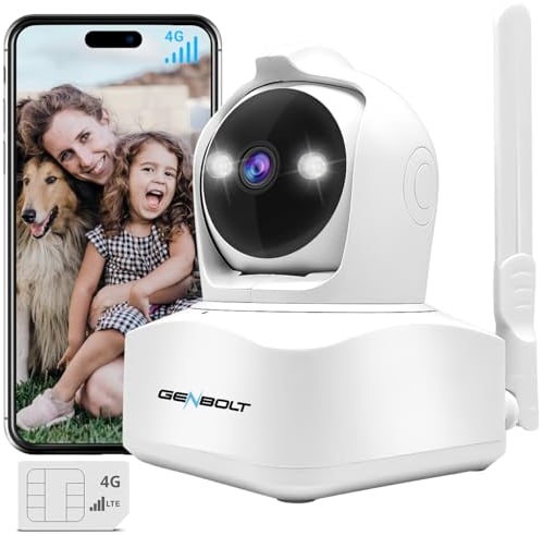 GENBOLT 3G/4G LTE Camara de Vigilancia Interior con Tarjeta SIM, 2.5K Foco de Videovigilancia Sin Internet, CCTV Cámaras Celulares con Detección Humanoide, Pan Tilt Auto Tracking Color Night View