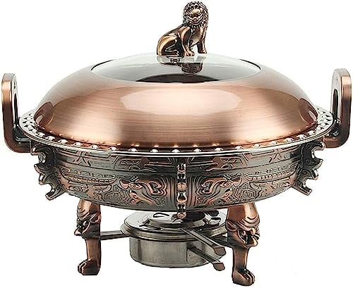 3L Round Chafing Dish, Stainless Steel Chafer Warmers Set with Food Pans, Aluminum Stand, Visible Pot Lid and Fuel Holders for Buffet, Weddings, Parties (Red Copper)
