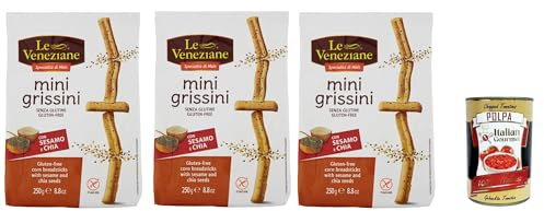 Italian Gourmet Mini Grissini con sesamo e chia glutenfrei Snack 3 x 250g | Senza glutine, knusprige Brotsticks für Aperitivo, Lunchbox und salati, Gesamtnettogewicht 750 g + Kostenlos Polpa 400g