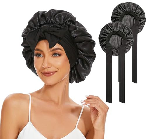 Catelves Seidenhaube Zum Schlafen, 2 Stück Schlafhaube Seide, Silk Bonnet Weiche Bequeme, Satin Haarhaube, Atmungsaktive Anpassbare Schlafmütze, Satinhaube Zum Schlafen Bonet für Mädchen(Schwarz)