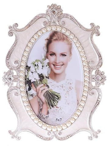 Kawaii-Story BM-xy071 Weiß Metall Bilderrahmen Fotorahmen Hochzeit Barock Luxus Design Perlen Strasssteine Dekoration Fotogröße 13x18cm (5x7zoll)