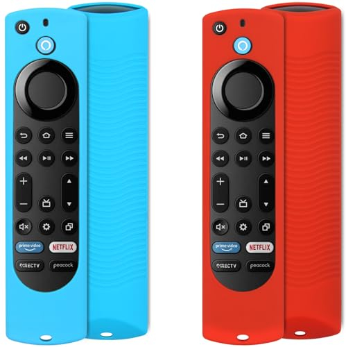 Pinowu Silikon-Schutzhülle für Fernbedienungen, kompatibel mit Firestick 4K Max, Insignia, Pioneer, Fire TV 4-Serie, Omni (QLED) Serie, Alexa Voice Remote Enhanced mit Umhängeband, Rot und Türkis