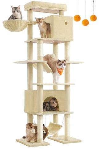 Feandrea XXL Tall Cat Tree, Multi-Level Tower with 4 Scratching Posts, 2 Hammocks, Perch, 2 Cat Caves, Anti-Tip Kit, Beige PCT195Y01
