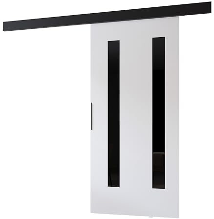MINIO go for it - Schiebetüren 76 cm, Schiebetür Zimmertür PRIM H, Schiebetürsystem für Zimmer, Dekorative Elemente, Wandmontage, Türe Innen - Schwarz/Schwarzer Griff, Weiss/Schwarz