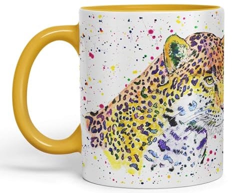 Vixar Jaguar Big Cat Safari Animals Watercolour Ceramic Coloured Mug Cup for Tea Coffee Hot Brew 330ml 11Oz Gift (G Yellow)