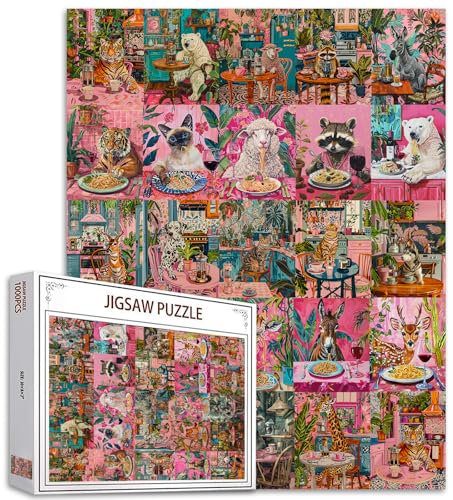 Animals Dining Jigsaw Puzzles for Adults 1000 Pieces Wildlife Eating Delicious Noodles Puzzl(Tiger, Sheep, Squirrel, Polar Bear) Puzzles 20 x 27 Inches Challenging Family Activity for Game Nights