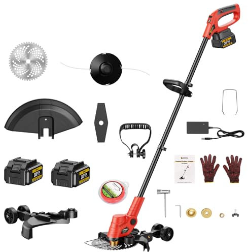 Conentool 1000W Cordless Strimmer, Electric Grass Trimmer with 2 × 4.0 Ah Battery, 24V Brushless Motor Garden Strimmers, Lightweight Lawn Trimmers with 3 Types of 9 Inch Cutting Blades