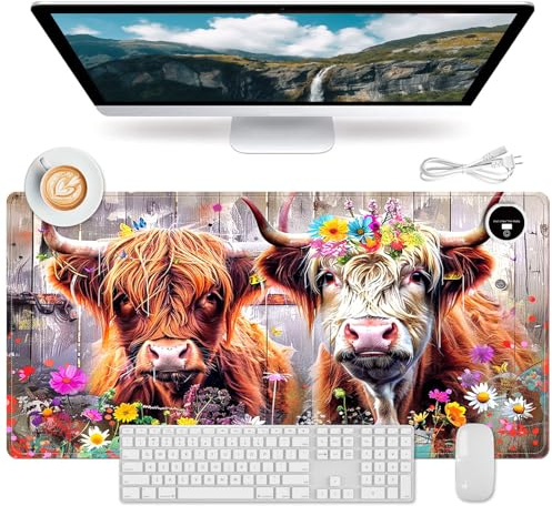 Qindaiwen Heated Mouse Pad, PU Leather Heated Desk Pad, Fast Warm Desk mat with 5 Heating Levels, 23.6 x 14 Mousepad for Home Office Gaming, Highland Cows