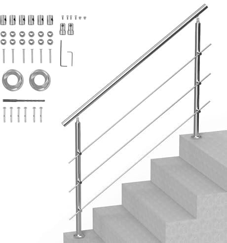 VEVOR Pasamanos de Escalera 150 cm Barandilla de Escalera para Escalones Exteriores de Acero Inoxidable 3 Travesaños con Kit de Instalación Barra de Agarre para Personas Mayores, Porche, Patio