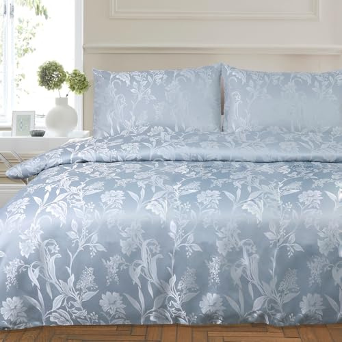 Duck Egg Blue Duvet Cover Sets King Luxury Jacquard Blossom Bedding Set | Light Blue Duvet Sets, Textured Jacquard Flower Blossom Spring Summer Fresh Leaves Cottage Botanical Branches