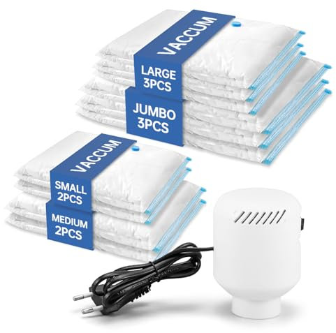 10 Premium-Vakuumbeutel-Set mit Elektropumpe 18s, hochfestes PA+PE, Vakuum & Schimmelblocker, platzsparend für Reisen, Umzug, Camping - ideal für Brautkleider & Textilschutz,3XL+3L+2M+2S